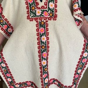 Hand Woven Wool White Pink Floral Poncho